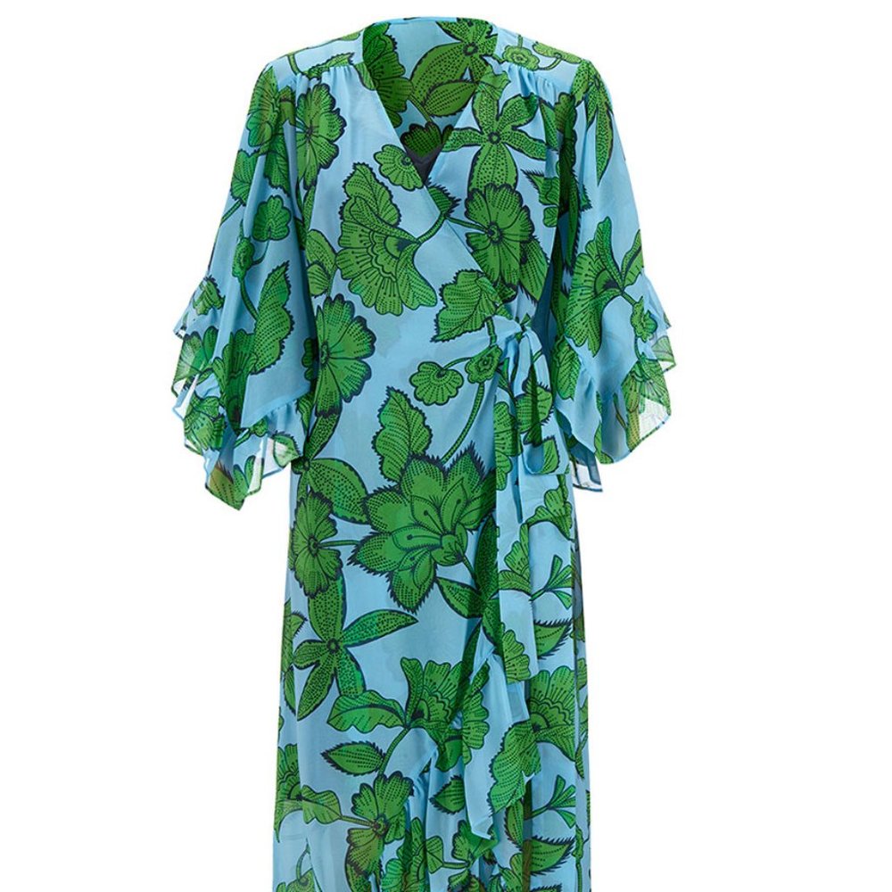 CAbi Blue Midi Dress with Green Floral Print